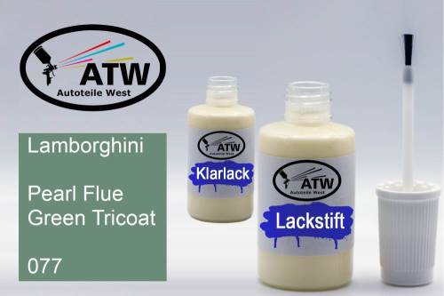 Lamborghini, Pearl Flue Green Tricoat, 077: 20ml Lackstift + 20ml Klarlack - Set, von ATW Autoteile West.